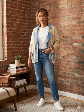 Beige Knit and Light Blue Denim Mixed-Media Jacket